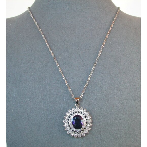 Sterling Silver Bale,  Blue Glass Center & Diamond Halo Pendant Necklace - Picture 2 of 3